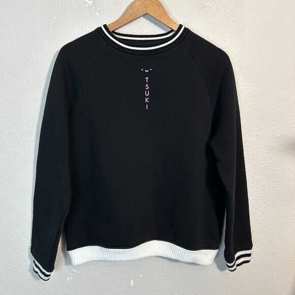 Tsuki Black Moon Pullover Sweatshirt XS Striped Trim Crewneck Casual Comfy - Picture 2 of 6